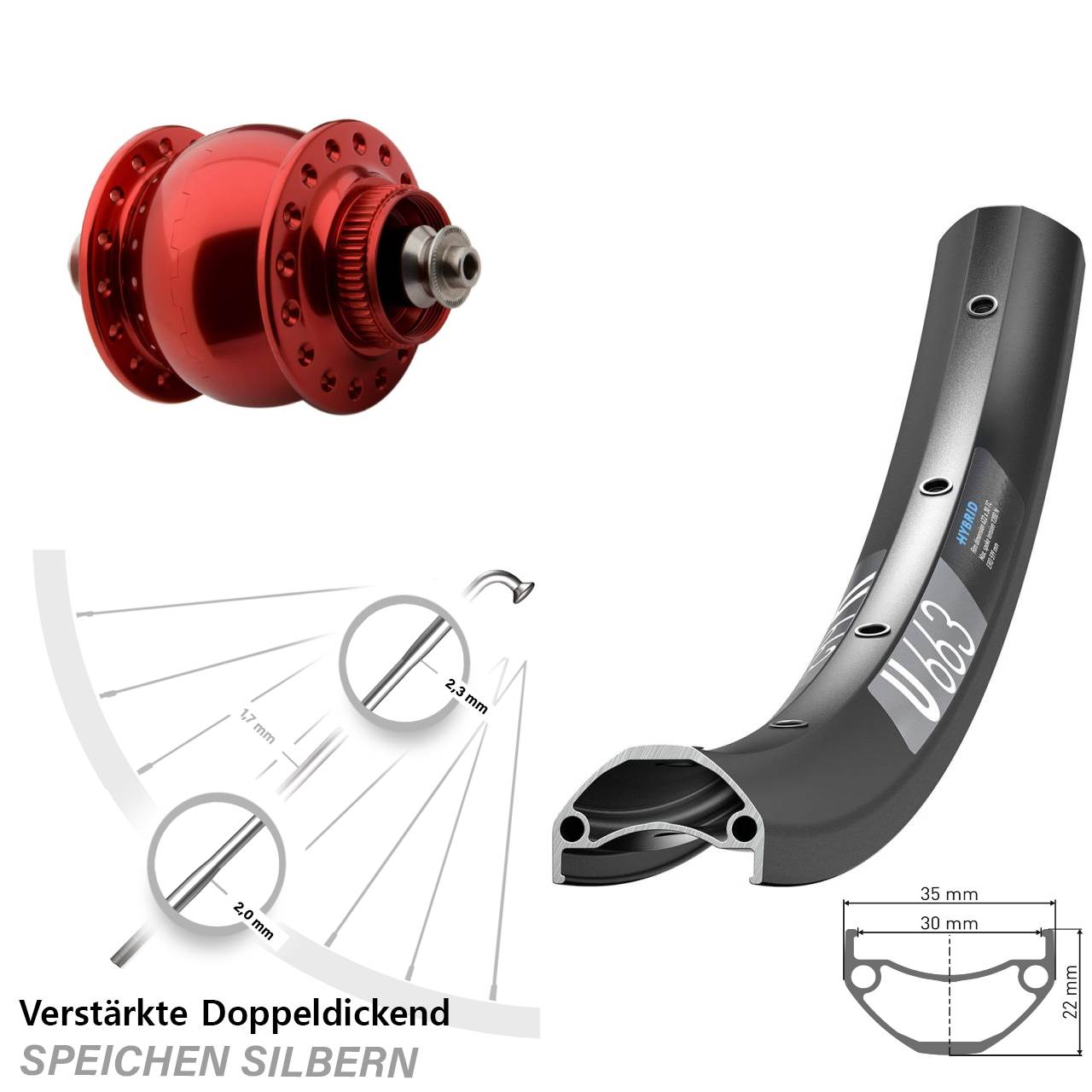 Disc Nabendynamovorderrad 20 Zoll DT Swiss U663 SON 28 rot QR
