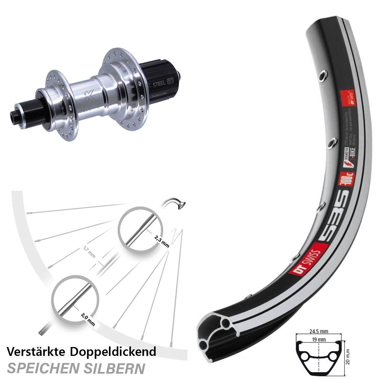 28 Zoll Hinterrad KX-T verstärkt 135 mm DT Swiss 535 8-12 fach
