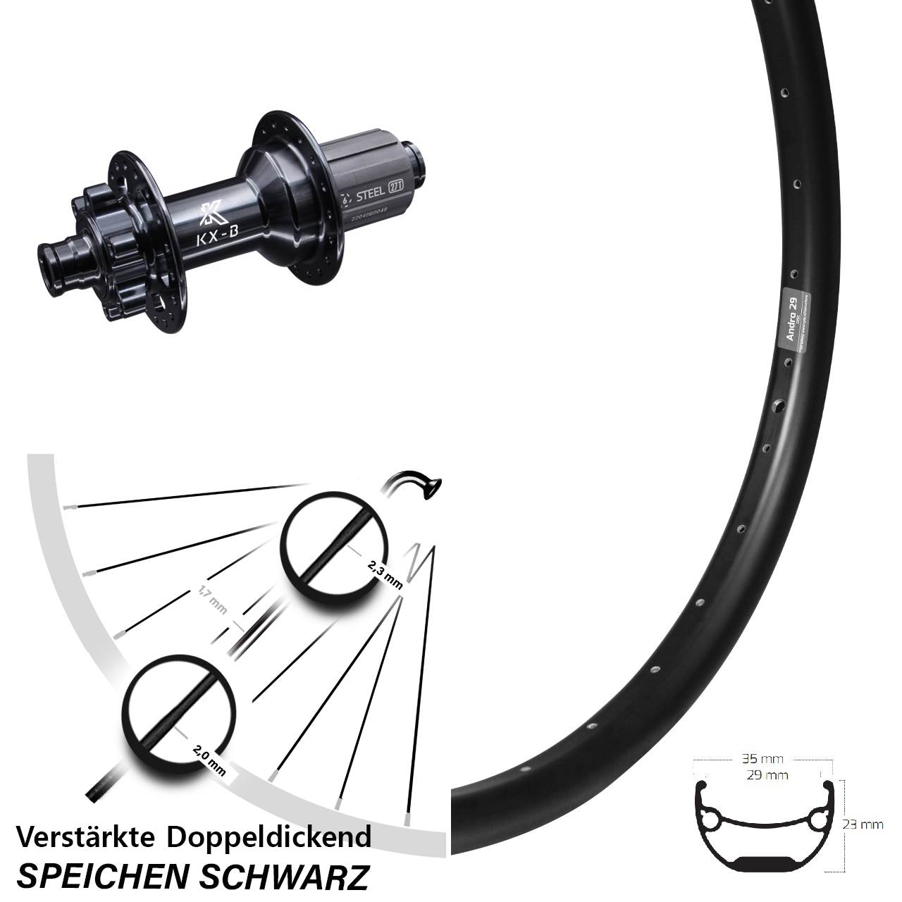 27,5 Zoll Hinterrad KX-B 12x148 mm Boost 6-loch Ryde Andra 29-584 ETRTO für Steckachse