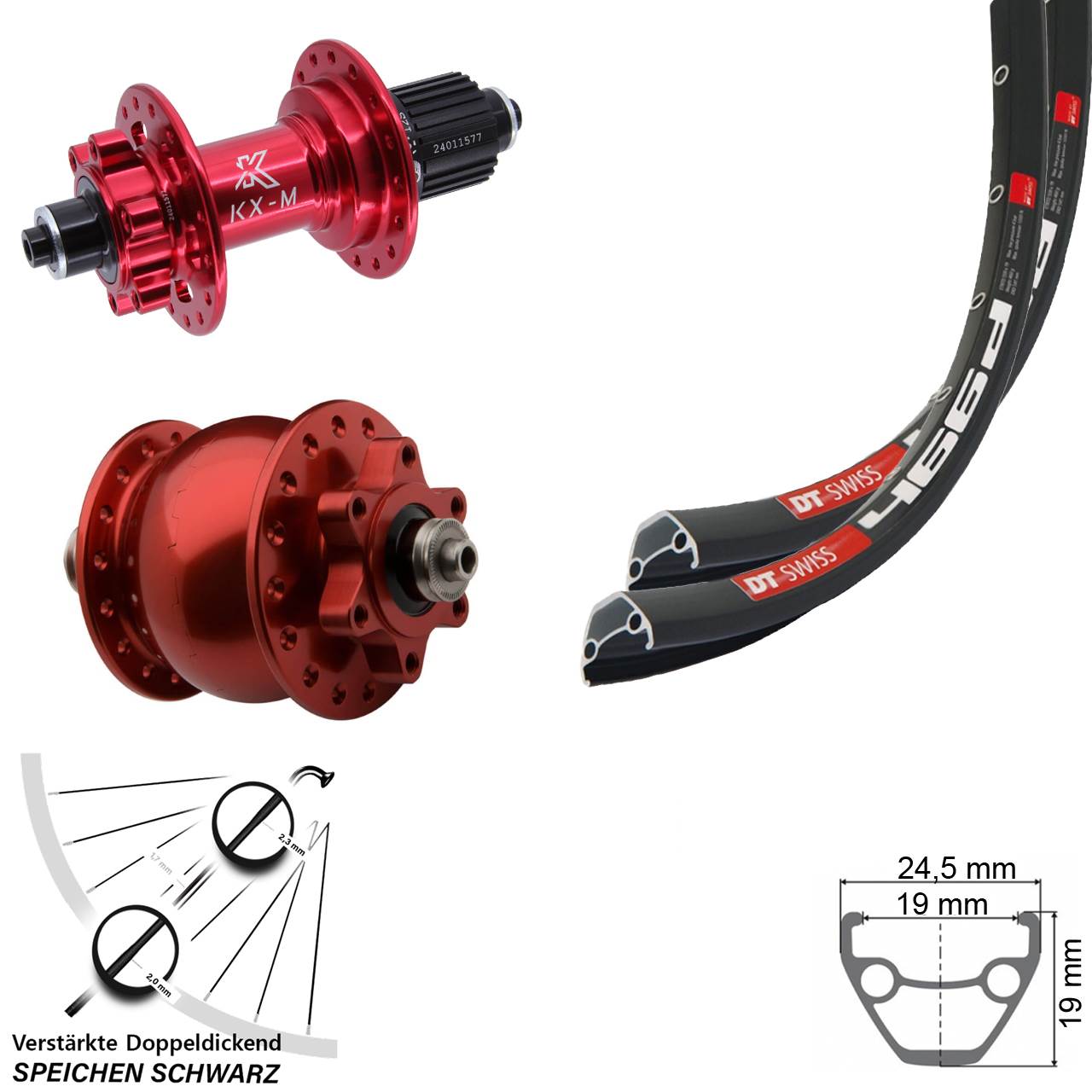 Laufradsatz 6-Loch QR DT Swiss 466d KX-M rot SON 28 Zoll rot Shimano Micro Spline
