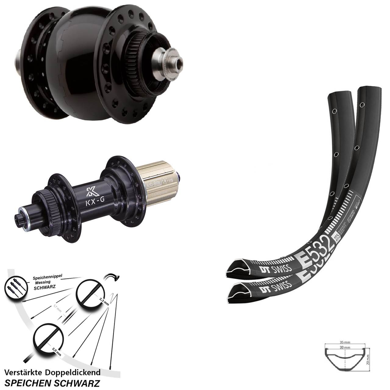 DT Swiss E532 KX-G SONdelux 27,5 Zoll Disc Laufrad-Satz für Schnellspanner 8-12 fach HG