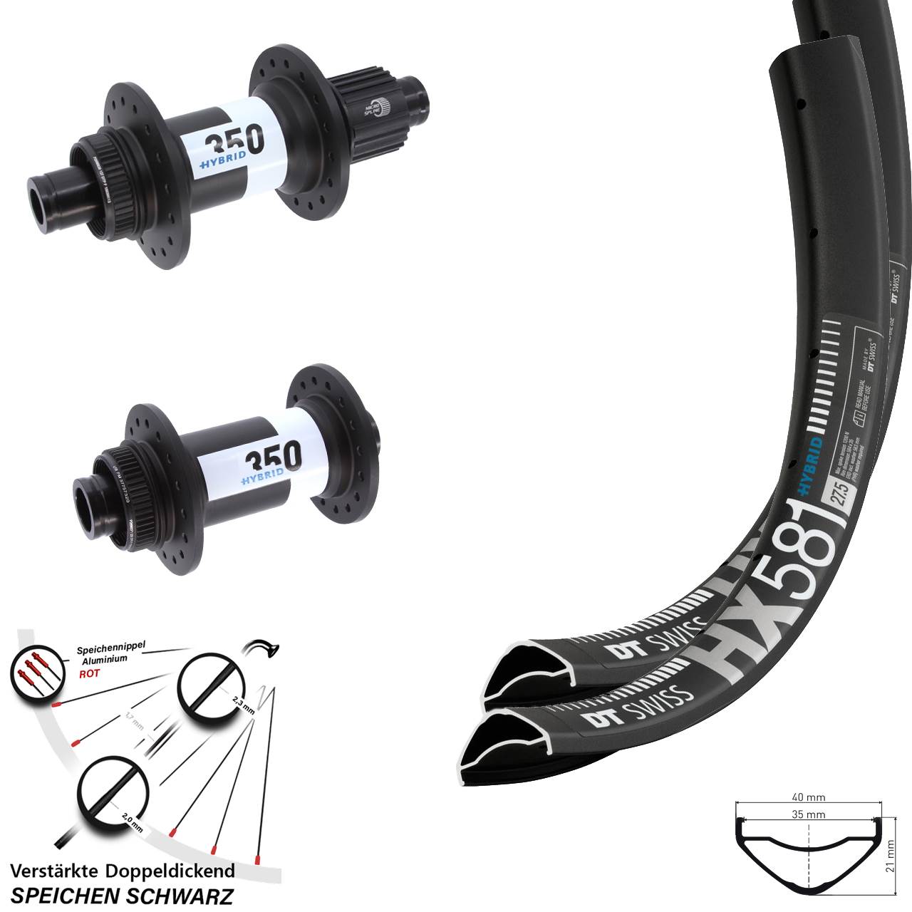 27,5 Zoll HX 581 DT Swiss 350 Hybrid Laufradsatz 15x110 12x148 Micro Spline