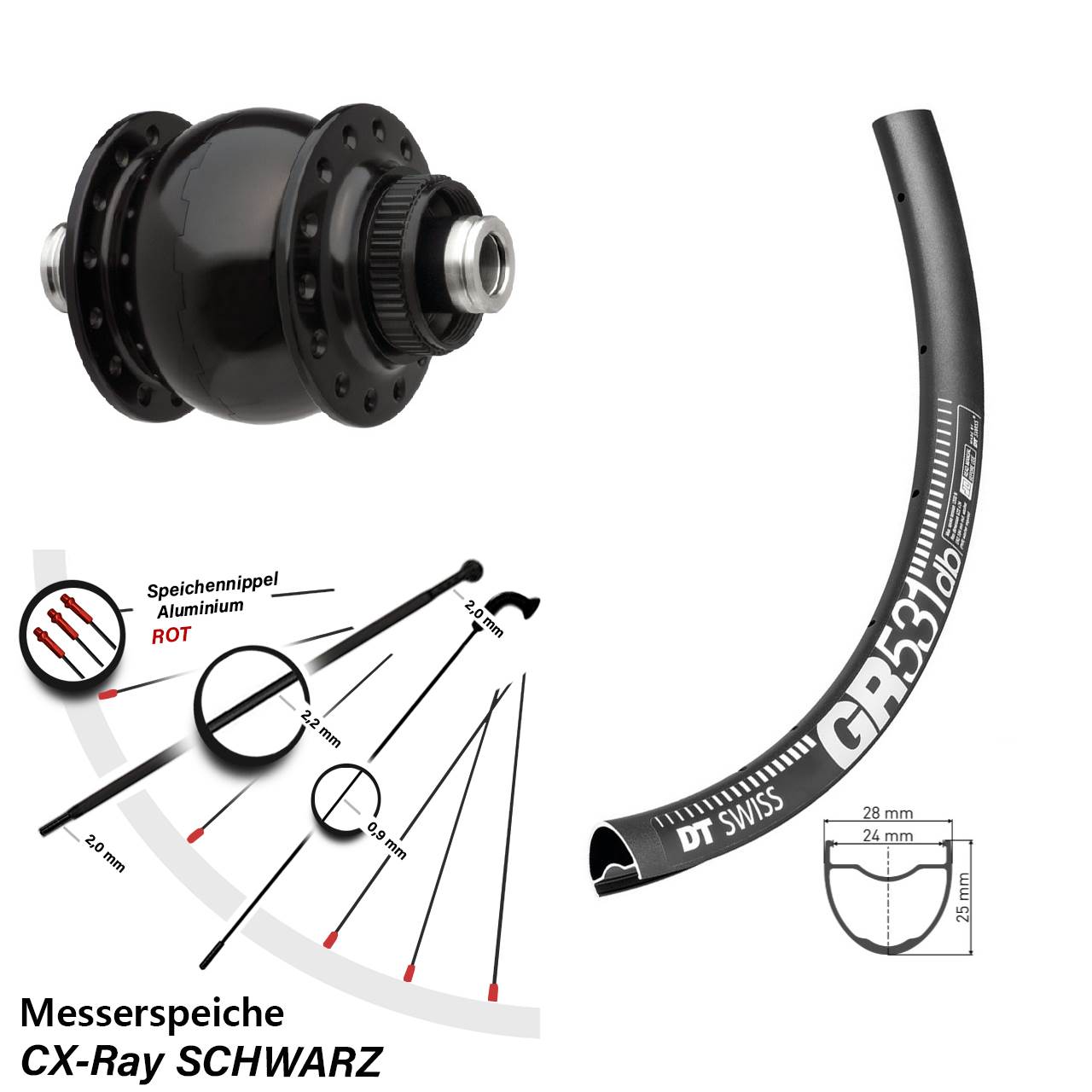 Nabendynamo-Vorderrad Centerlock 28-29 Zoll DT Swiss GR 531 SON 28 12x100 CX-Ray