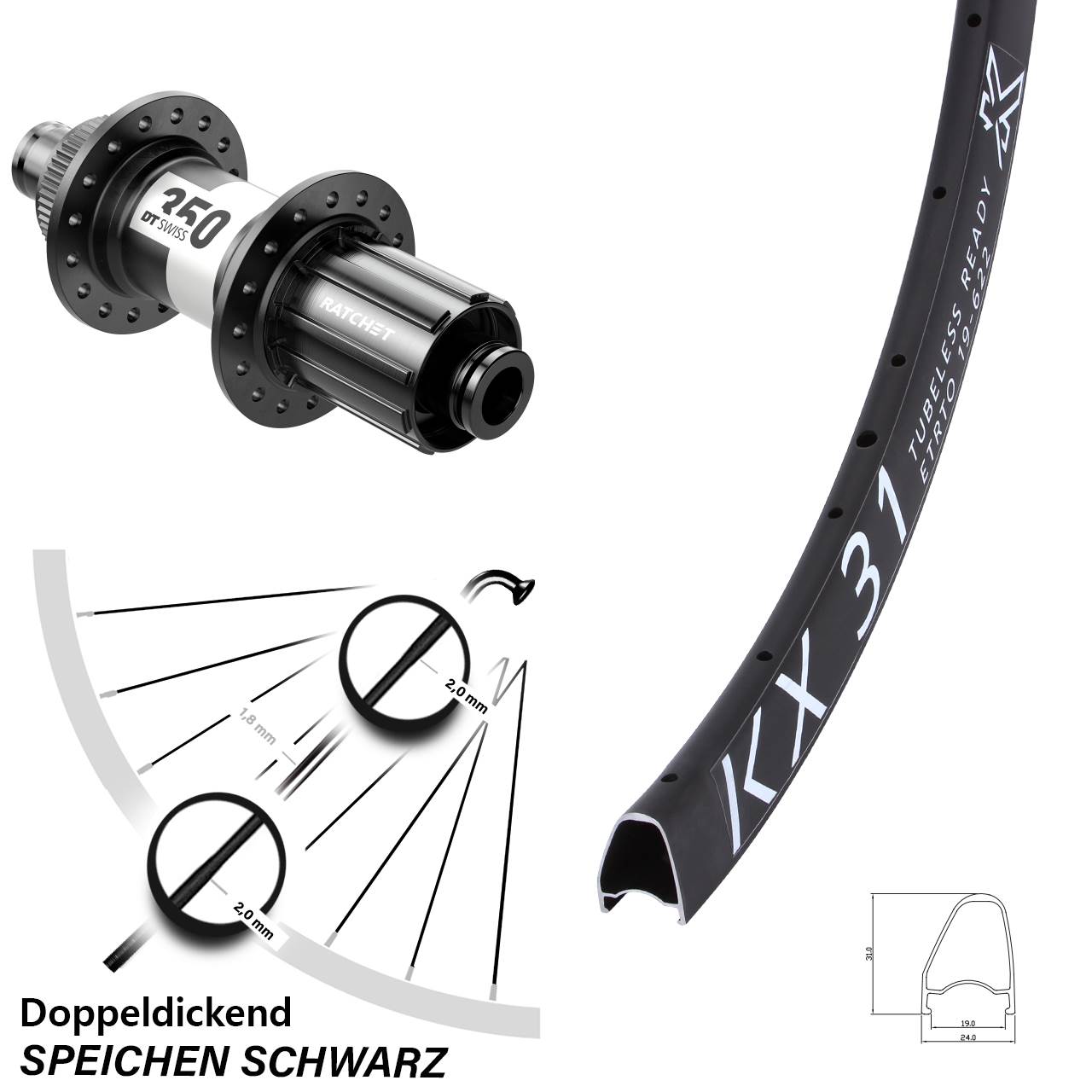 KX 31 Offset DT Swiss 350 28 Zoll Hinterrad Centerlock 12x142 11-12 fach HG