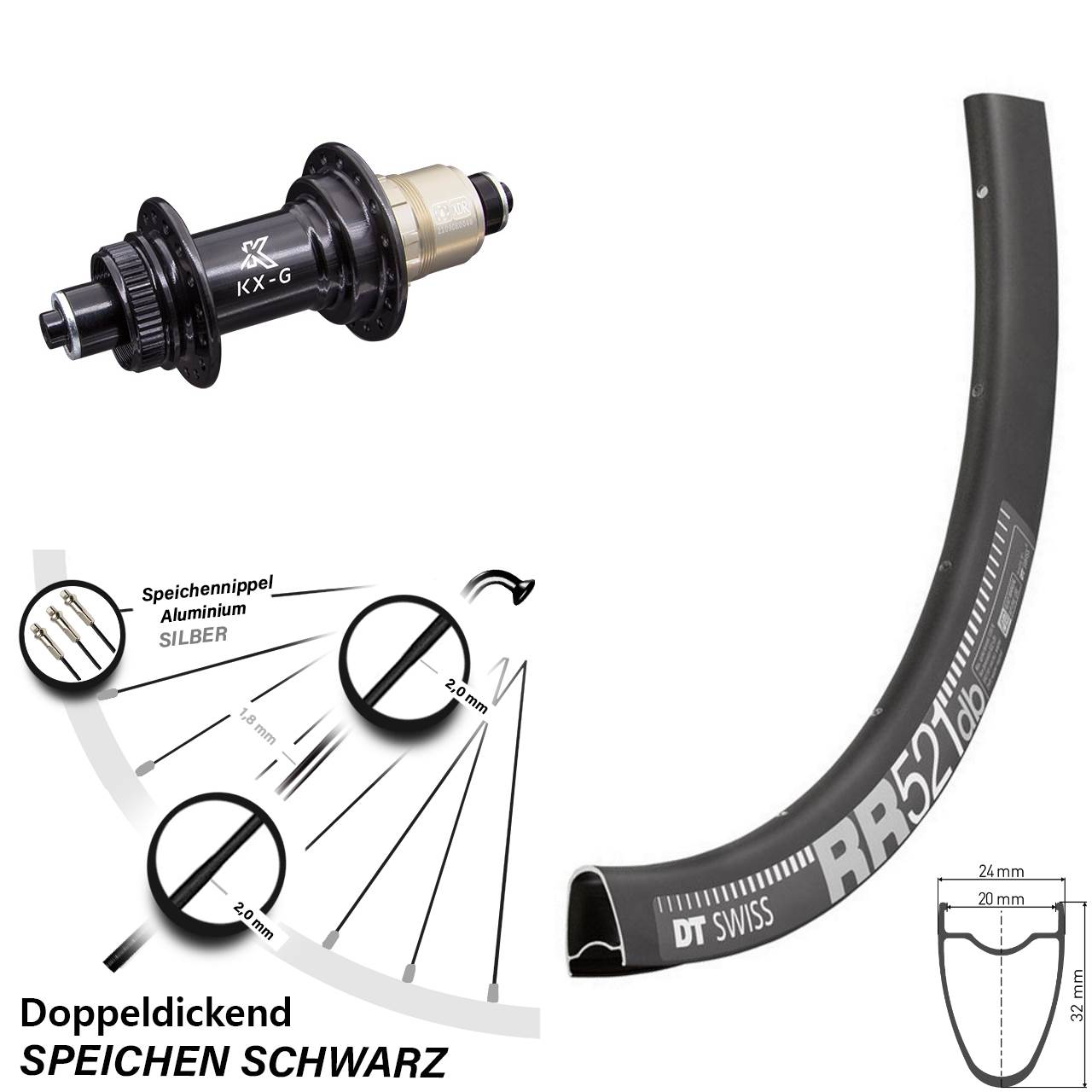 Hinterrad 28 Zoll DT Swiss RR 521 DB KX-G 5/135 Sram XD-R 12-fach