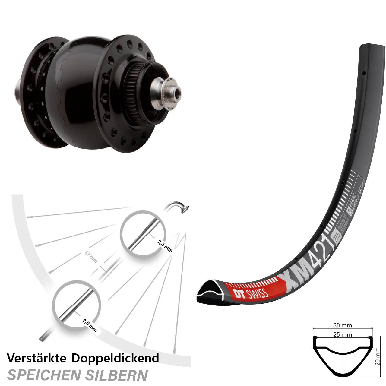 29 Zoll Nabendynamo-Vorderrad Centerlock DT Swiss XM421 SONdelux für Schnellspanner