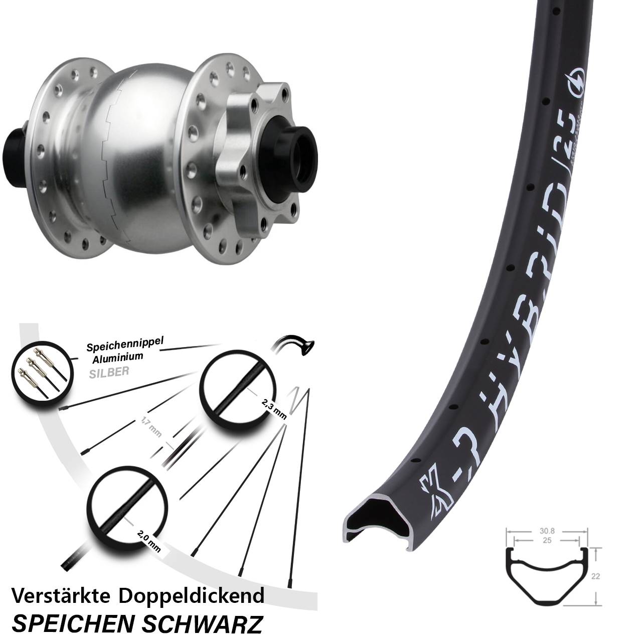 6-Loch Vorderrad mit Nabendynamo 15x110 SON 28 Zoll KX-R Hybrid 25 silbern