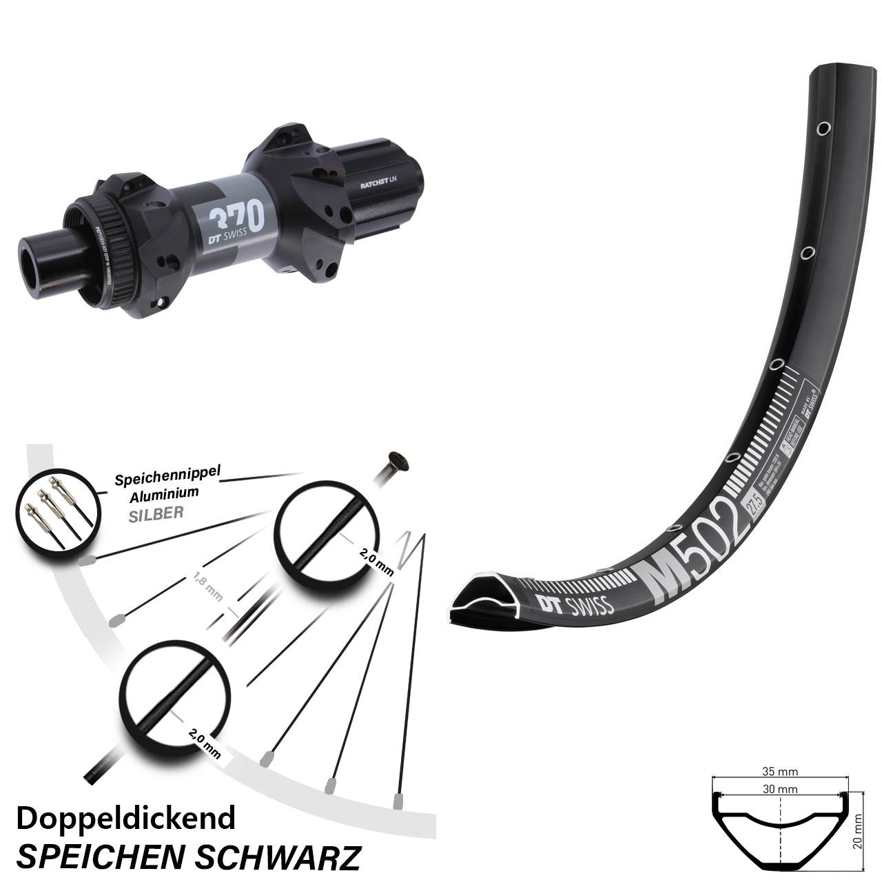 29 Zoll DT Swiss M502-370 Disc Hinterrad 12x148 8-11 fach HG