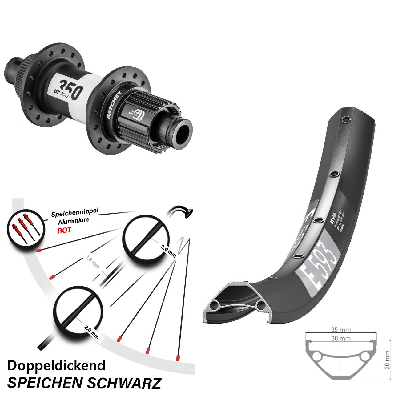 29 Zoll DT Swiss E 593-350 Disc Hinterrad 12x142 Shimano Micro Spline