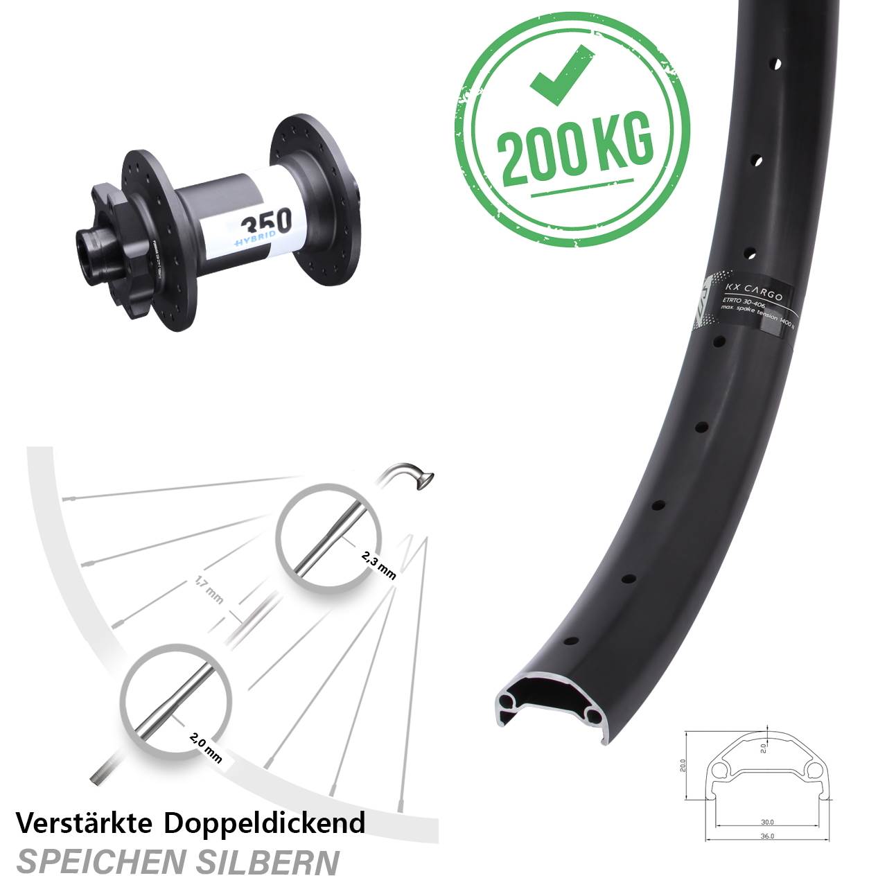 20 Zoll KX Cargo DT Swiss 350 Hybrid Boost 6-Loch Vorderrad 15x110 Lastenrad