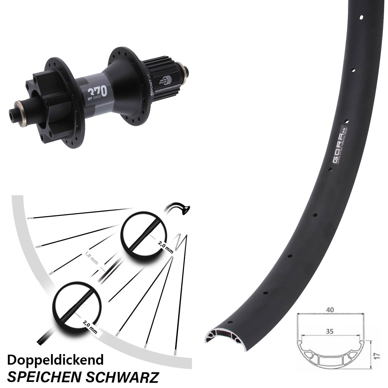27,5 Zoll Gora 35 DT Swiss 370 Hinterrad 6-Loch QR Micro Spline