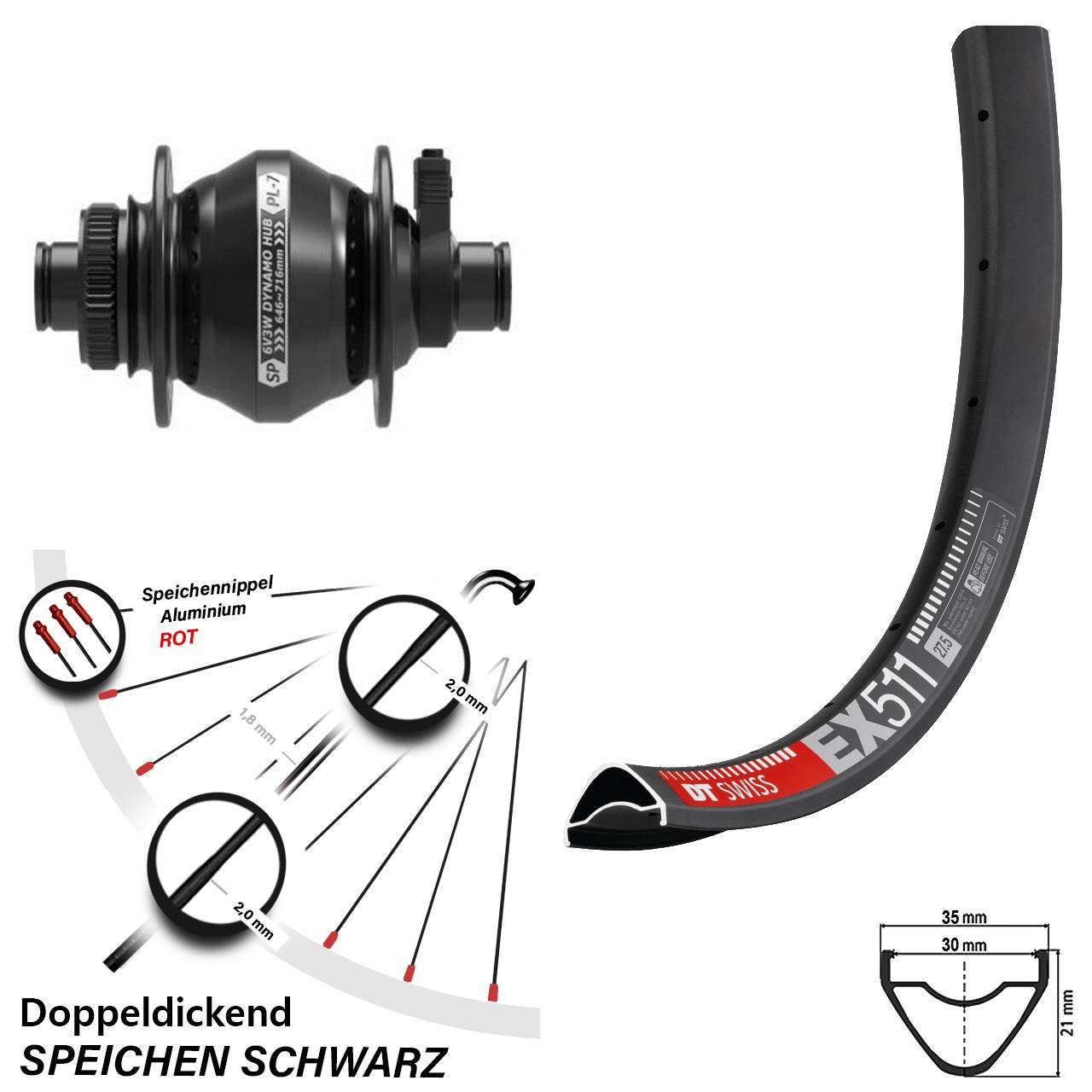 Disc Laufrad mit Nabendynamo 12x100 29 Zoll DT Swiss EX 511 Shutter PL-7