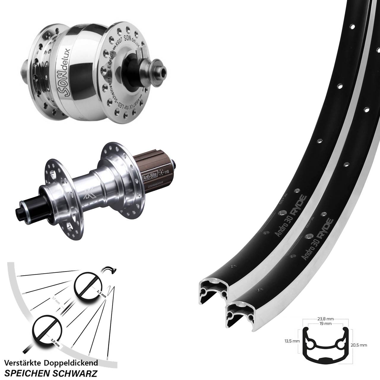 Laufradsatz für Schnellspanner 26 Zoll Ryde Andra 30 KX-T SON delux 8-12 fach HG