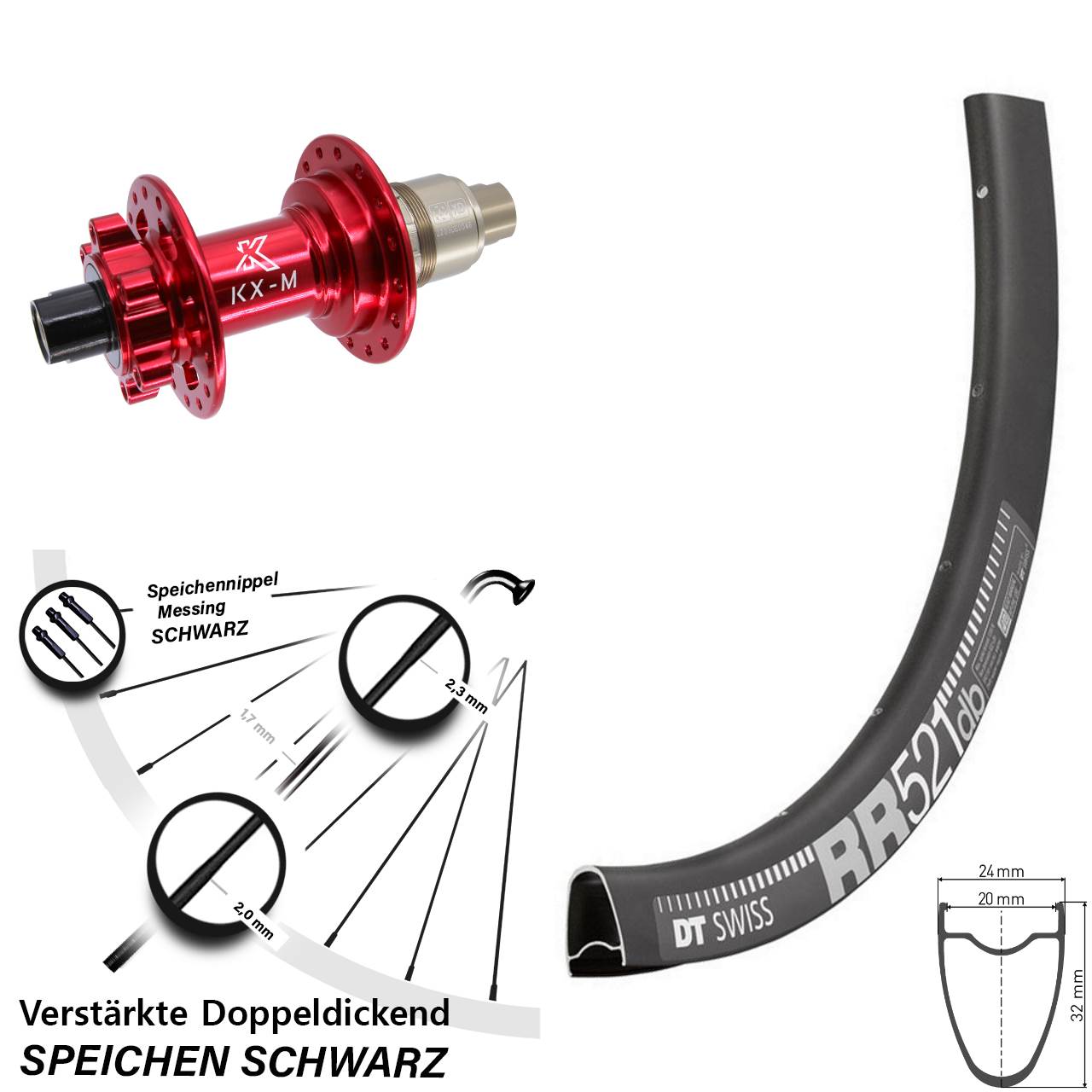 28 Zoll DT Swiss RR521 KX-M rot Disc Laufrad 12x142 XD 11-12 fach