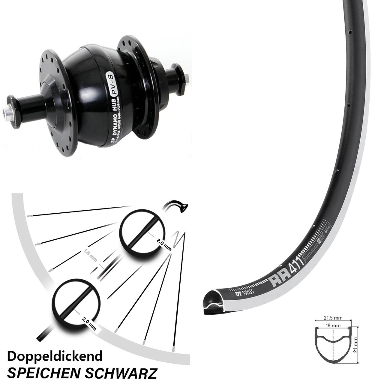 Vorderrad mit Nabendynamo Shutter Precision PV-8 DT Swiss RR 411 28 Zoll