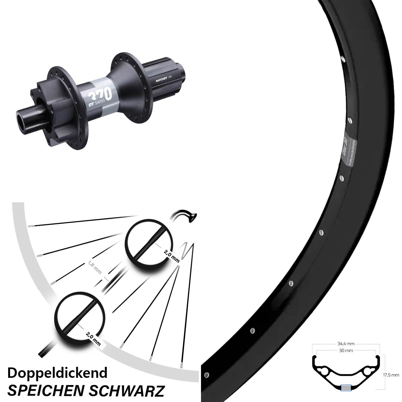 Ryde Disc 30 27,5 Zoll Hinterrad DT Swiss 370 6-Loch 8-11 fach 12x148