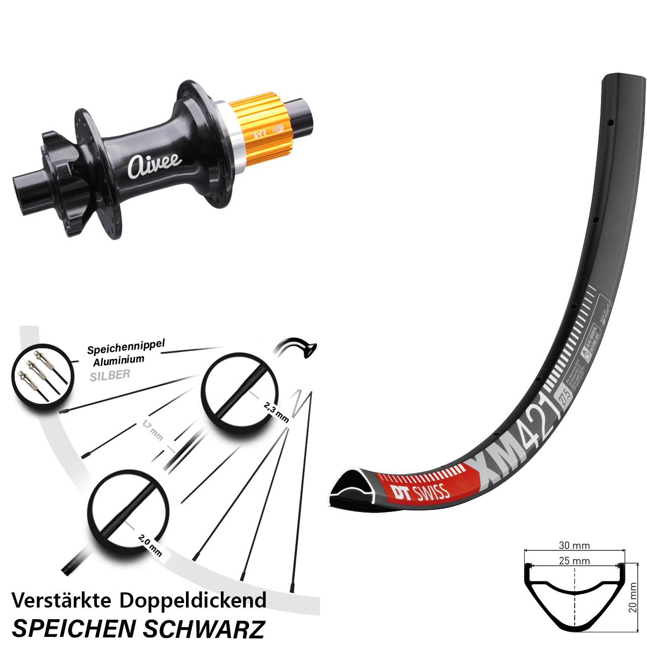 DT Swiss XM421 Aivee 27,5 Zoll Hinterrad 6-Loch 12x148 Shimano Micro Spline