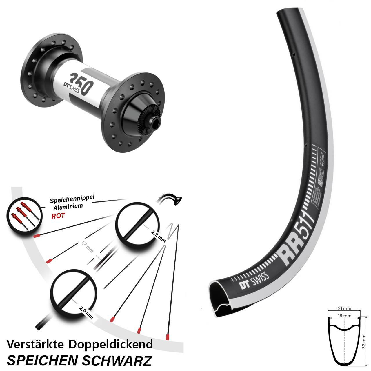 28 Zoll Vorderrad DT Swiss RR511-350 Rennrad Radial