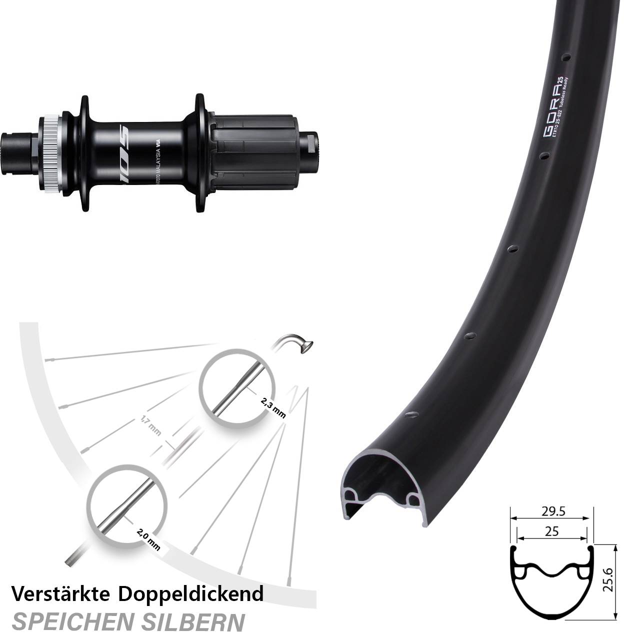 28 Zoll Gora 25 Shimano 105 FH-R7070 Hinterrad Centerlock 12x142 8-12 fach HG