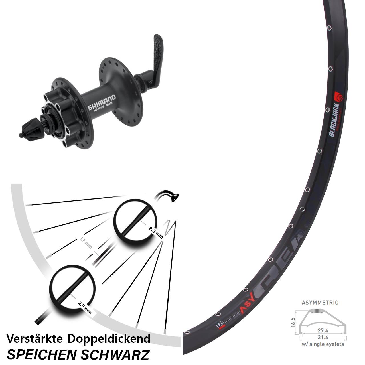 6-Loch Vorderrad 650B Rodi Ready 27 Shimano HB-M475 für Schnellspanner