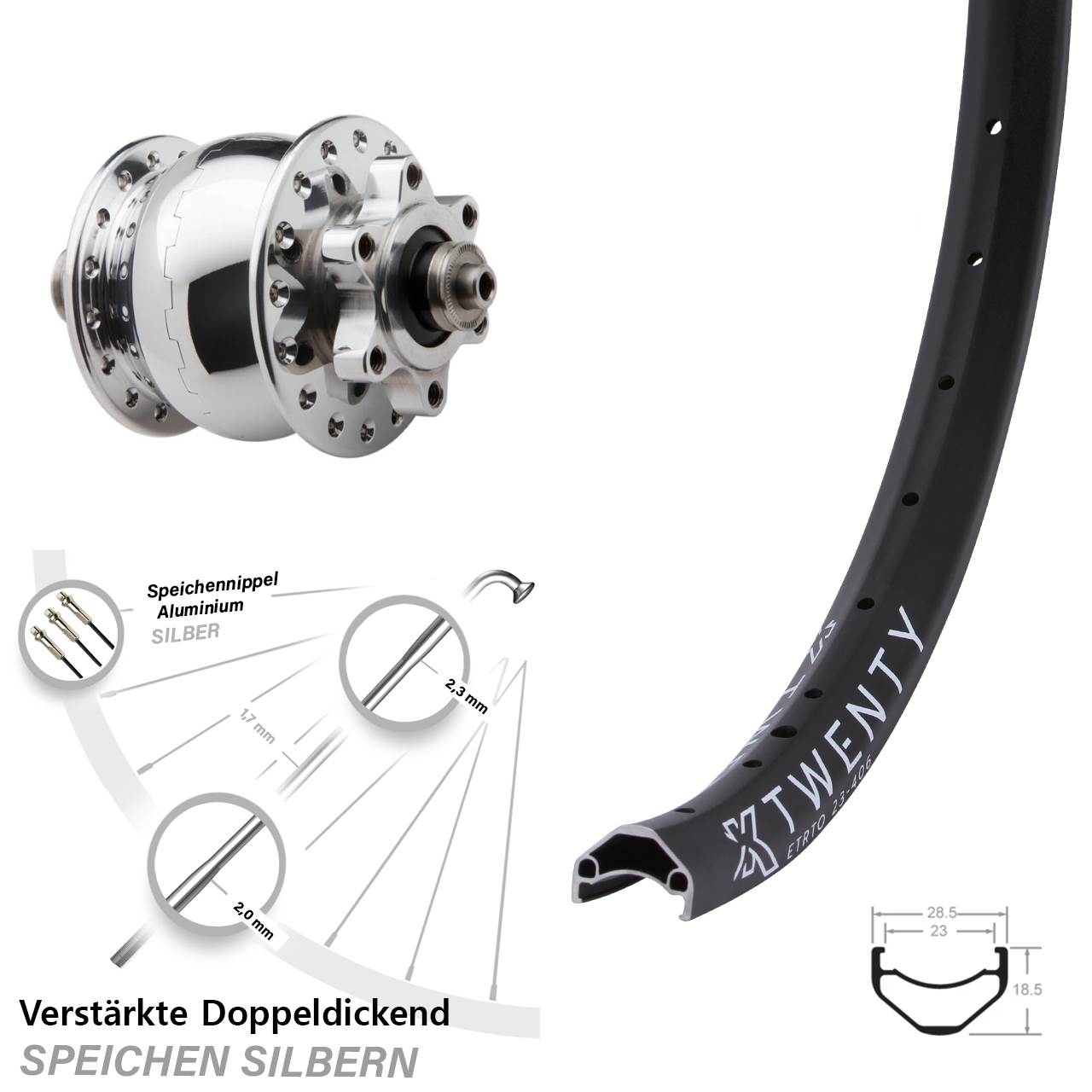 Vorderrad mit Nabendynamo SON 28 Disc 6-Loch silbern poliert KX Twenty 20 Zoll