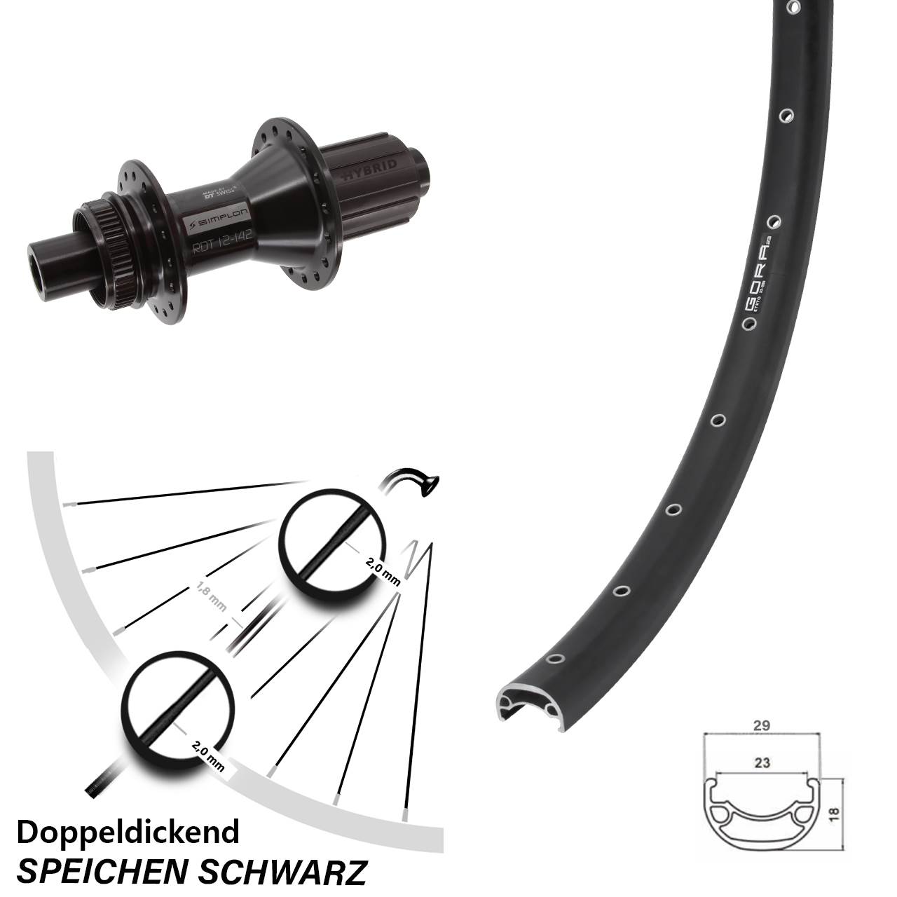 Centerlock Hinterrad 29 Zoll Gora 23 DT Swiss 370 Hybrid 8-11 fach HG 12x142