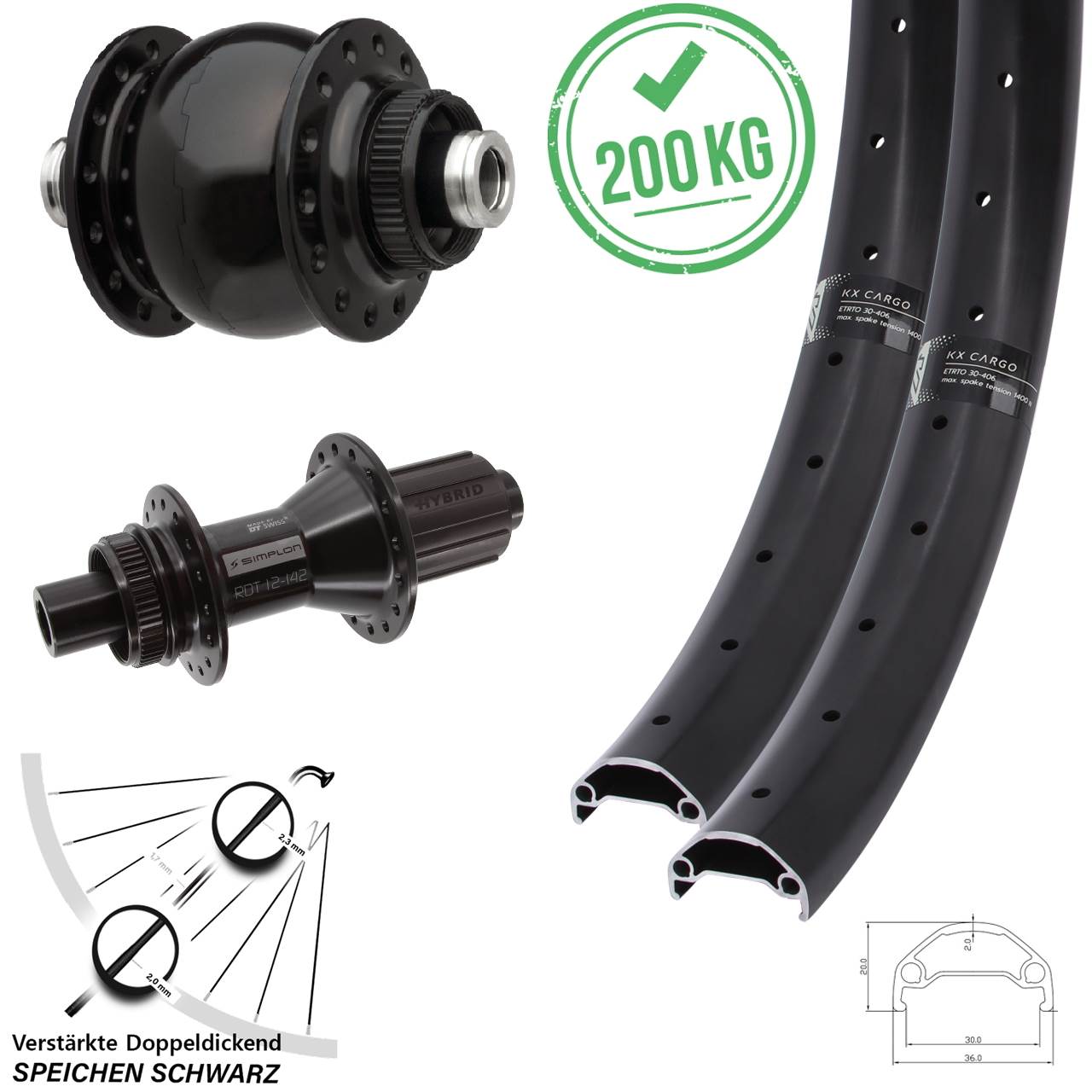 Disc Laufrad-Satz 29 Zoll KX Cargo DT Swiss 370 Hybrid SON 28 8-11 fach HG 12x100/142