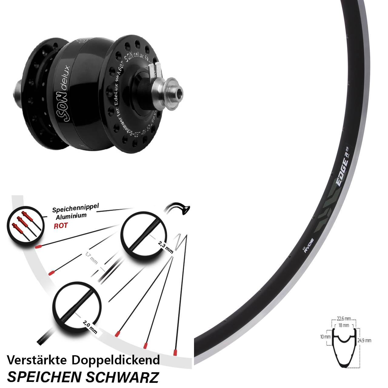 Nabendynamovorderrad QR 28 Zoll Ryde Edge R 25 SON delux