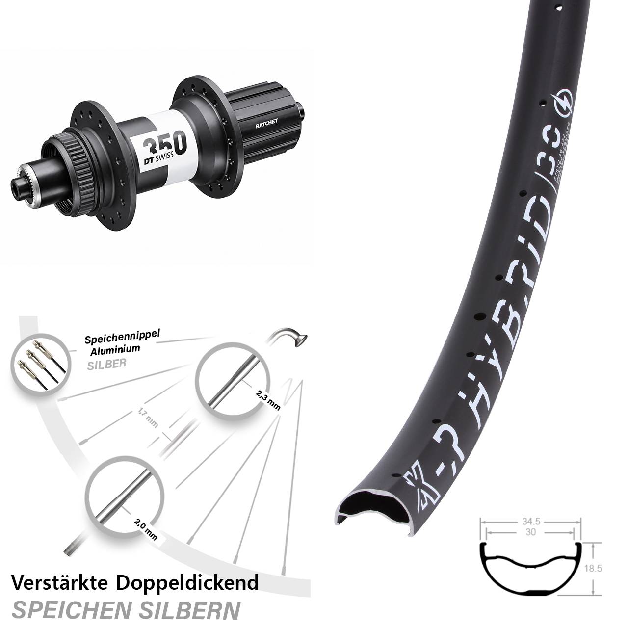 KX-R Hybrid 30 DT Swiss 350 29 Zoll Hinterrad für Schnellspanner 8-11 fach