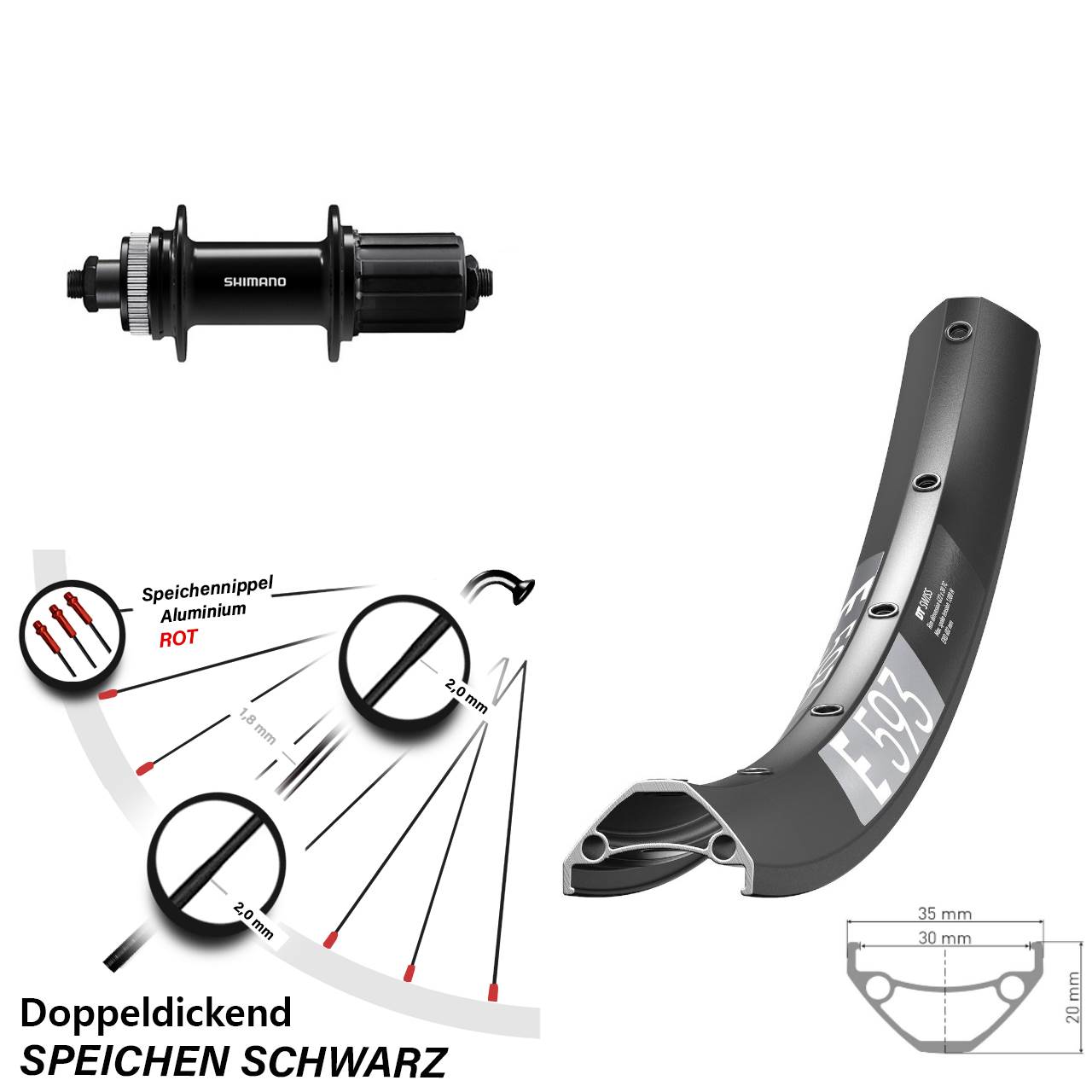 DT Swiss E 593 Shimano FH-QC400 27,5 Zoll Disc Hinterrad für Schnellspanner 8-11 fach