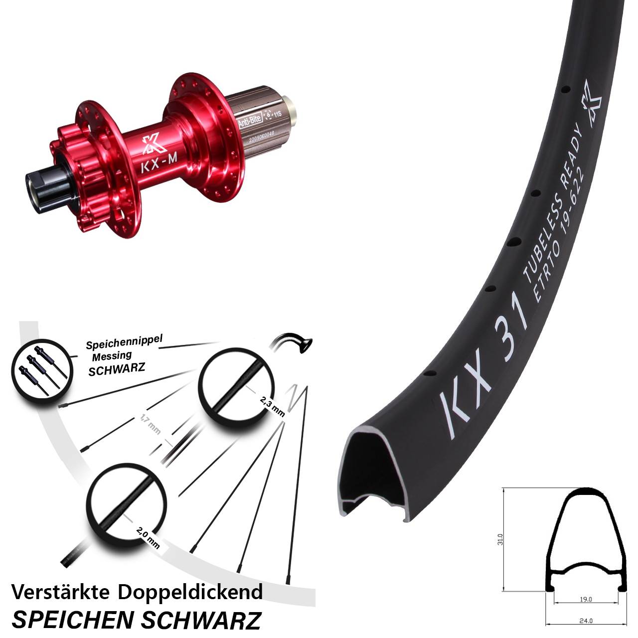 6-Loch Hinterrad 28 Zoll KX-M31 rot 8-12 fach 12x142