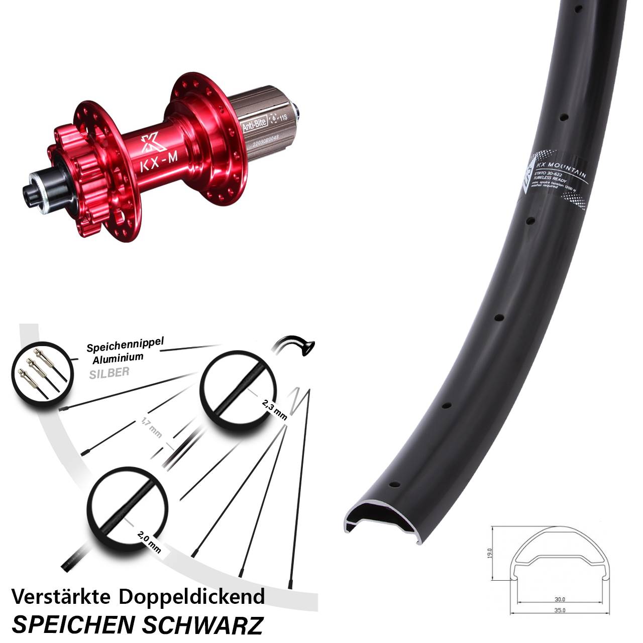6-Loch Hinterrad QR 29 Zoll KX Mountain verstärkt rot 8-12 fach HG