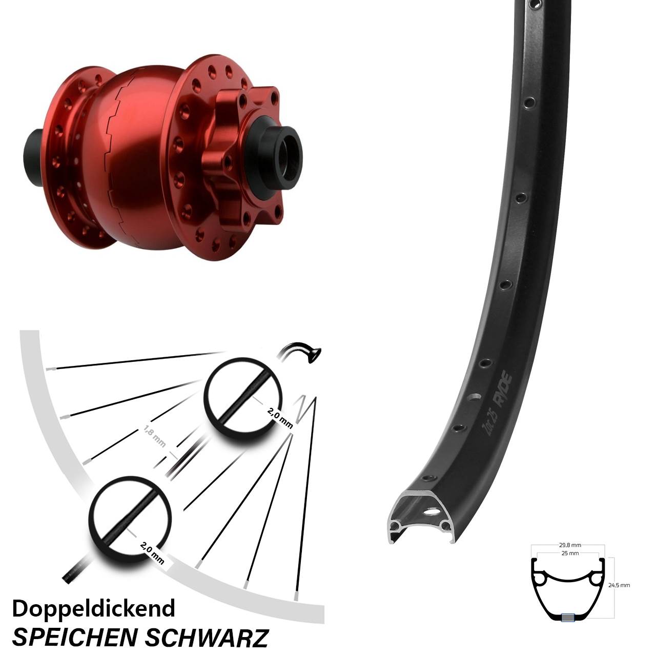 29 Zoll Ryde ZAC 25 SON 28 rot Disc Vorderrad mit Nabendynamo 15x100