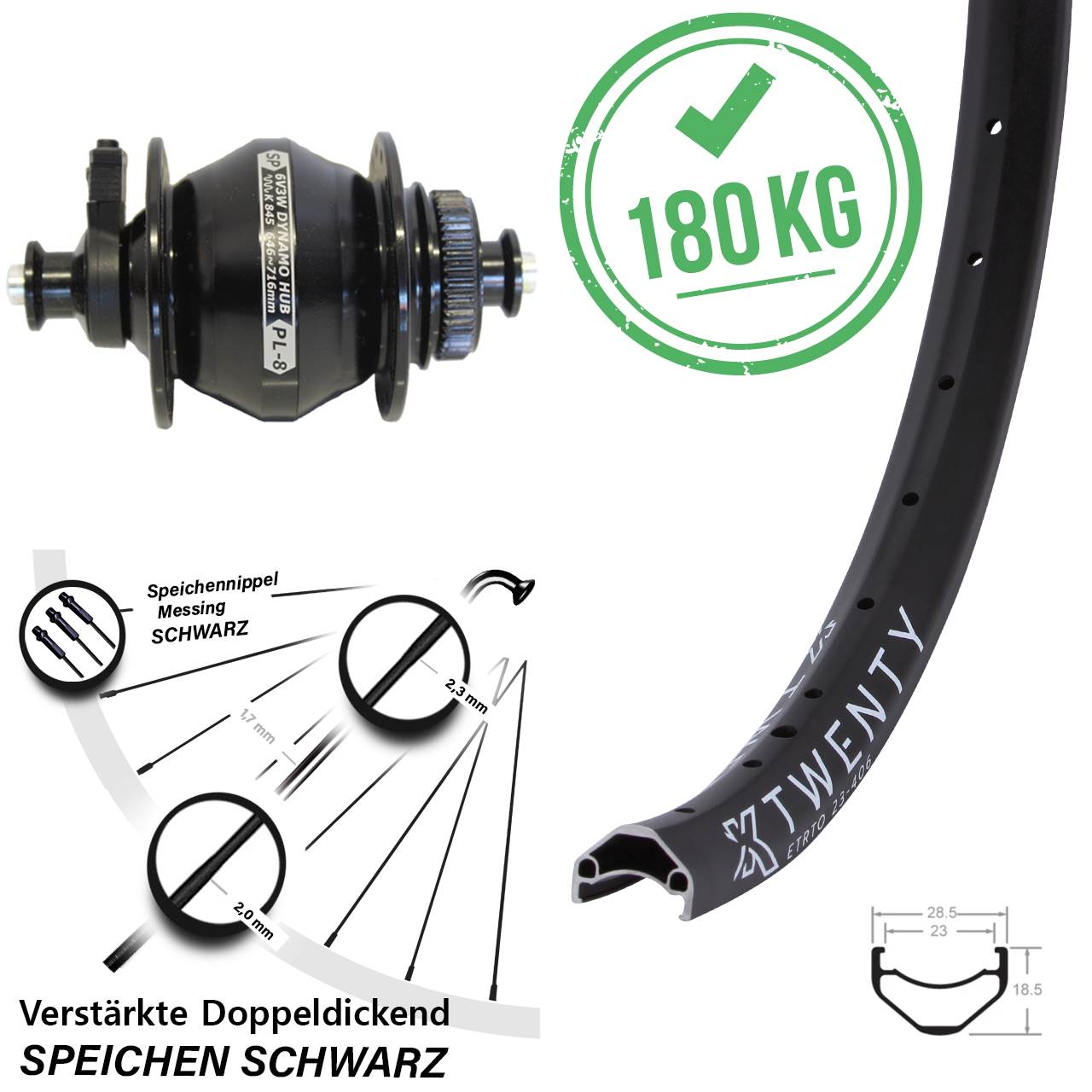 Disc Vorderrad mit Nabendynamo für Schnellspanner 20 Zoll KX Twenty Shutter PL-8