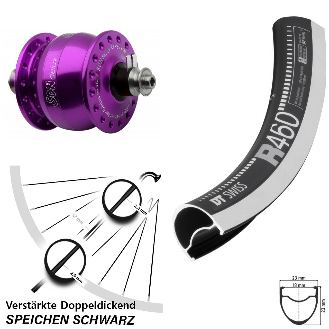 Vorderrad mit Nabendynamo 28 Zoll DT Swiss R 460 SON delux violett QR
