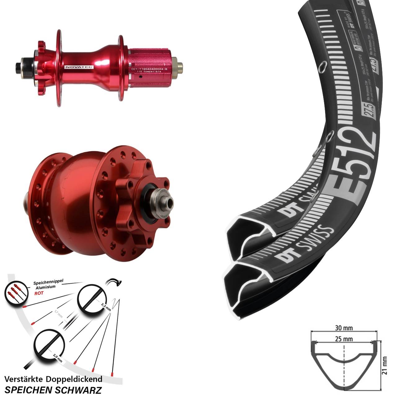 Laufradsatz QR 27,5 Zoll DT Swiss E512 Novatec D792 Disc 6-Loch SON 28 rot 8-12 fach HG