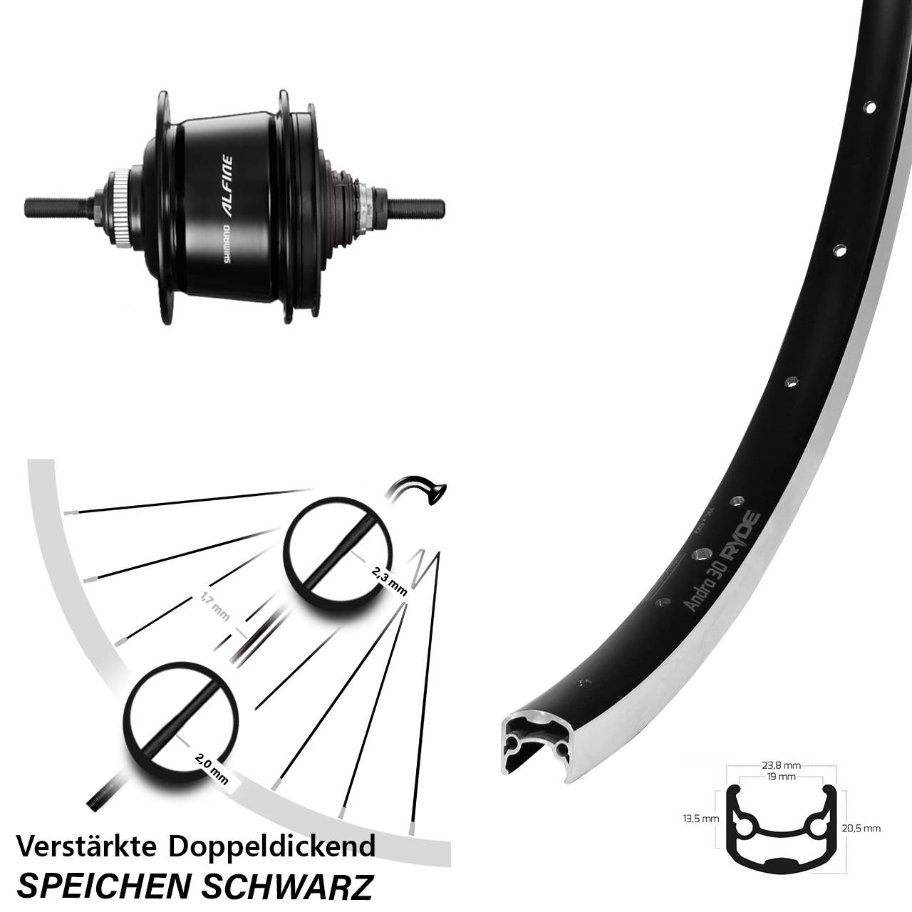 Ryde Andra 30 Hinterrad Shimano Alfine 8-Gang 28 Zoll für Felgenbremse