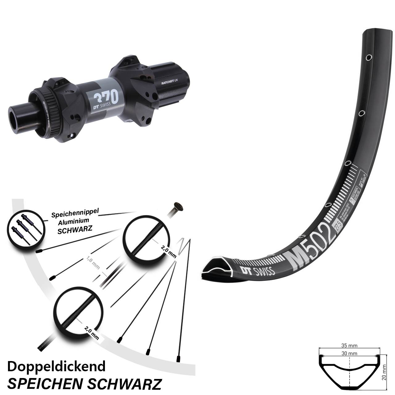 27,5 Zoll DT Swiss M 502-370 Centerlock Hinterrad 12x148 8-11 fach HG