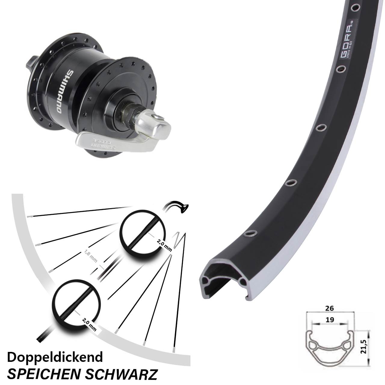Nabendynamo-Vorderrad 28 Zoll Gora 19 Shimano DH-3N72 QR