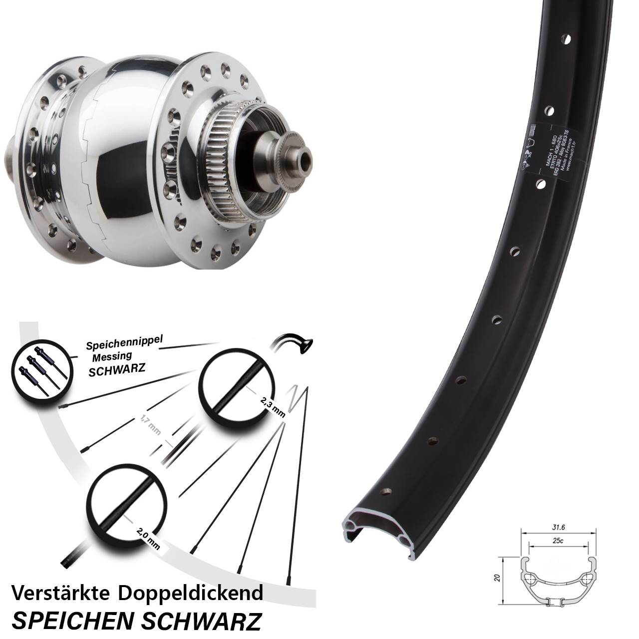 Disc Vorderrad mit Nabendynamo für Schnellspanner 20 Zoll Mach1 Kargo SON 28 poliert