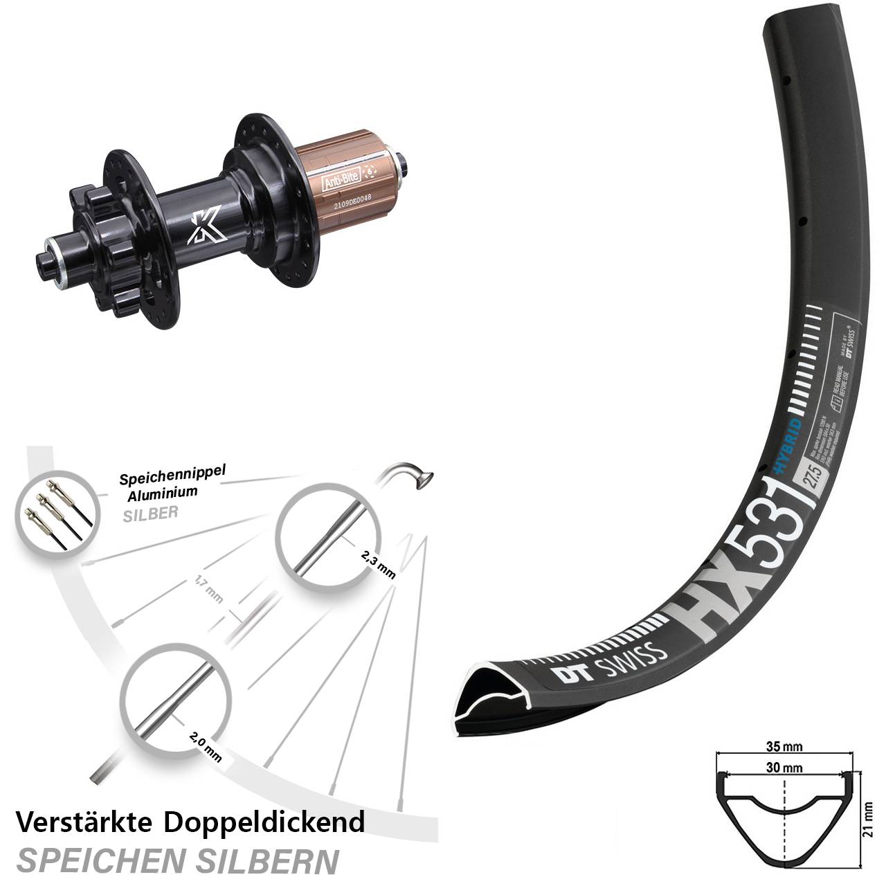 DT Swiss HX531 KX-M 29 Zoll 6-Loch Hinterrad QR 8-11 fach HG