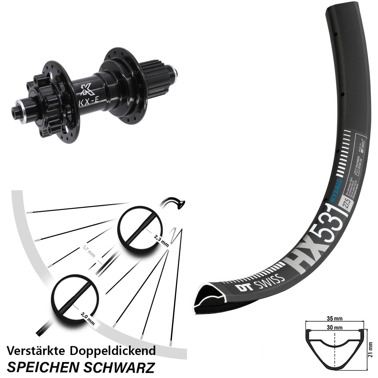 27,5 Zoll DT Swiss HX 531 KX-E 6 Kugellager Laufrad für Schnellsp. Boost Micro Spline