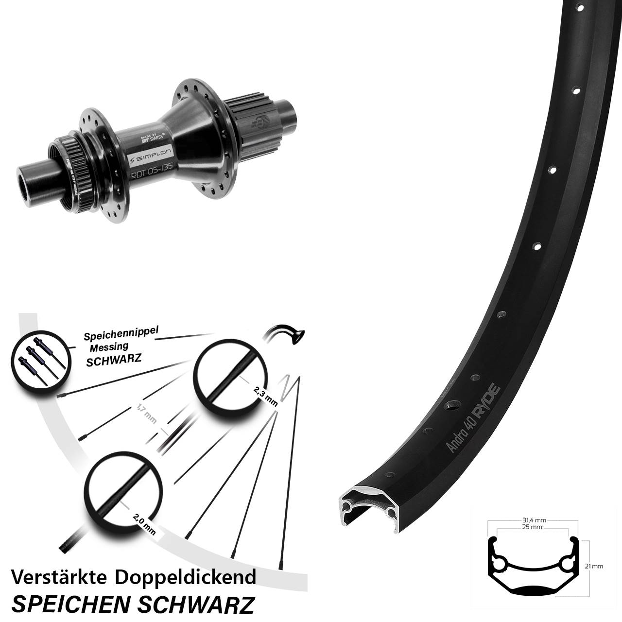 Hinterrad Centerlock 12x142 26 Zoll Ryde Andra 40 DT Swiss 370 Hybrid Shimano Micro Spline