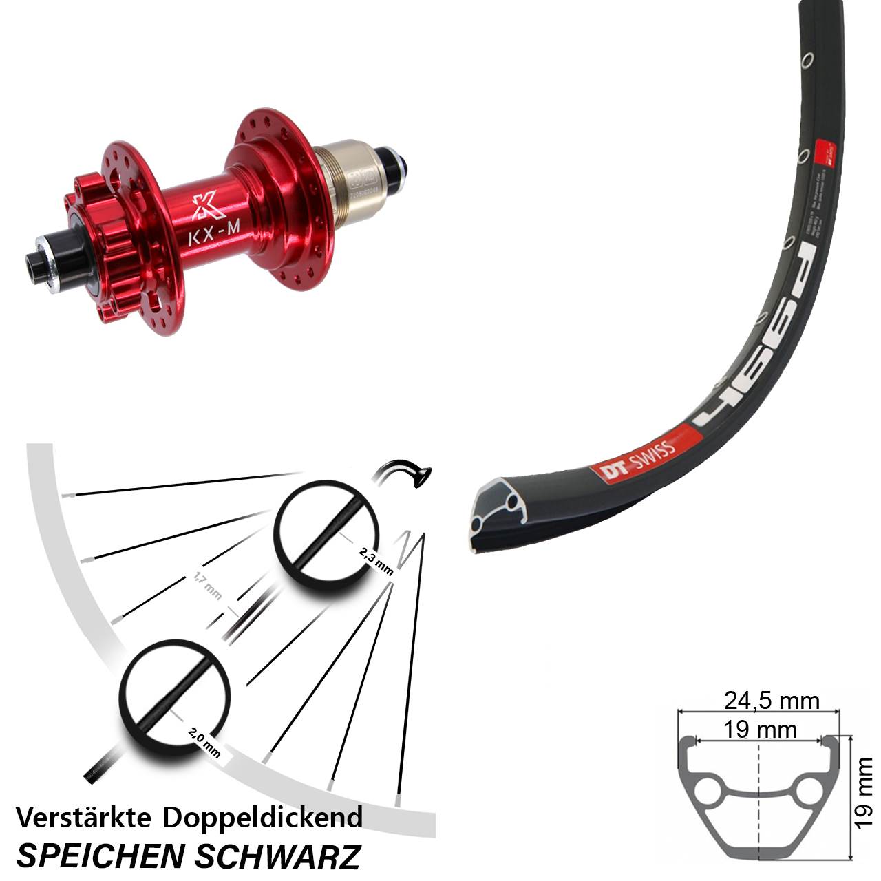 DT Swiss 466d KX-M rot 28-29 Zoll Hinterrad 6-Loch QR SRAM XD