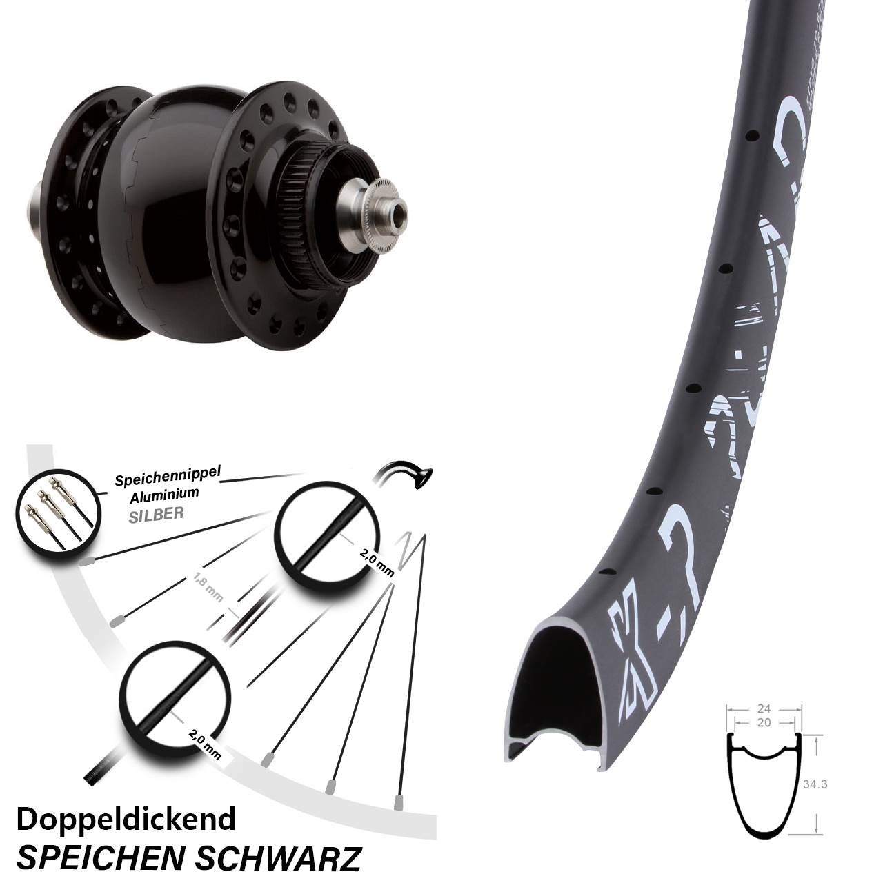 SON 28 Zoll Vorderrad mit Nabendynamo KX-R Road Schnellspanner 5x100 mm schwarz