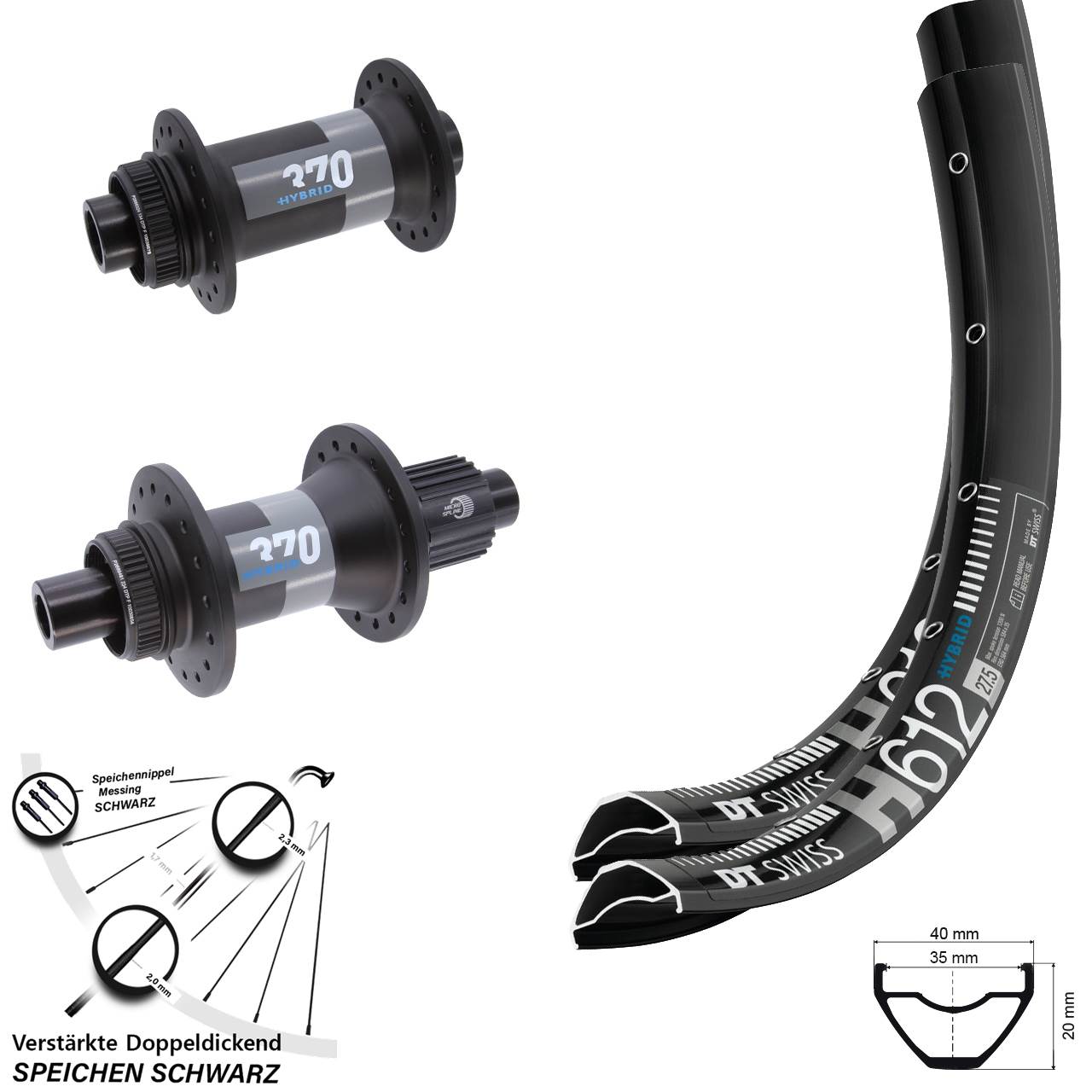 Disc Laufrad-Satz 27,5 Zoll DT Swiss H612 370 Hybrid Micro Spline 15x110 12x148