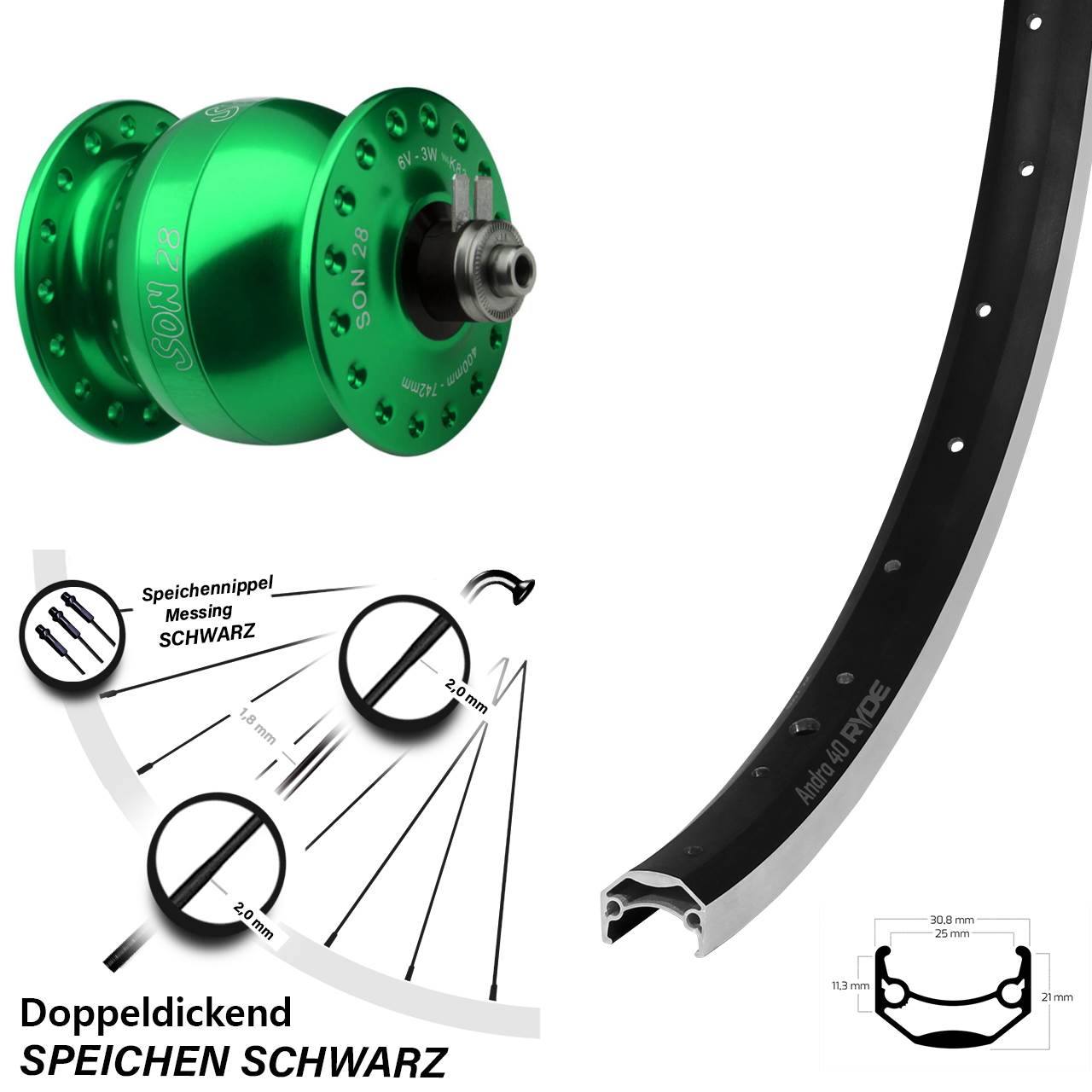grün eloxierter Son 28 Zoll Fahrrad Nabendynamolaufrad Ryde Andra 40