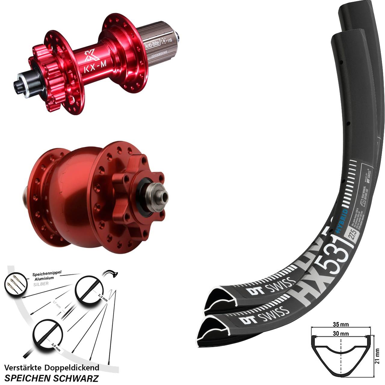 Disc Laufrad-Satz 29 Zoll DT Swiss HX531 KX-M rot SON 28 8-12 fach HG QR