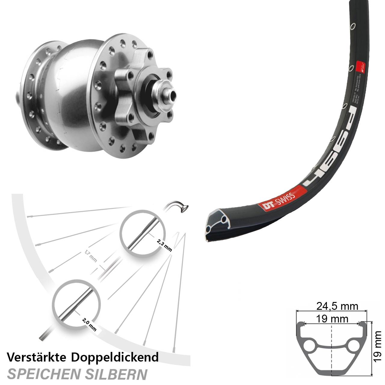 29 Zoll DT Swiss 466 SON 28 Dynamo-Vorderrad 6-Loch für Schnellspanner