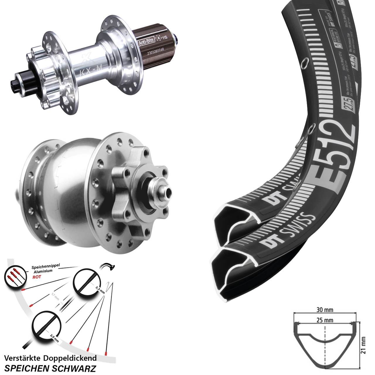 27,5 Zoll DT Swiss E 512 KX-M SON 28 silbern Disc Laufradsatz QR 8-12 fach HG